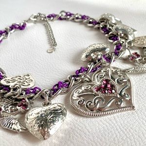 Purple/Silver Cable Link Chain Hearts/Angels Rhinestones Bib Charm Necklace 17”